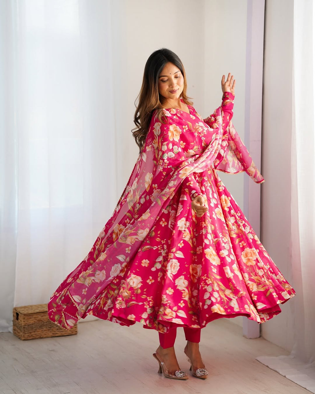 Aashvi Soft Organza Anarkali Suit Set – pastel pink fully stitched Anarkali kurta with 4-meter flair and canvas belt, paired with digitally printed micro cotton pants and a shawl-style lace border dupatta, premium soft organza festive suit for weddings, Diwali, Eid, or Raksha Bandhan, stylish and elegant ethnic set for women by Trinaari.
