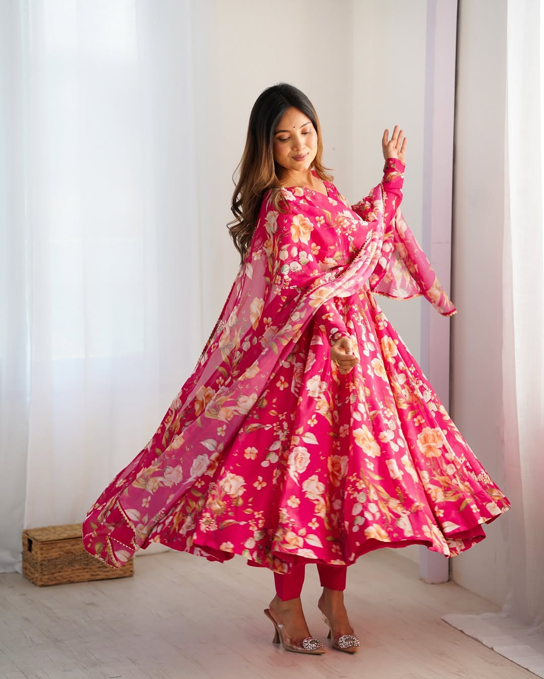 Aashvi Soft Organza Anarkali Suit Set – pastel pink fully stitched Anarkali kurta with 4-meter flair and canvas belt, paired with digitally printed micro cotton pants and a shawl-style lace border dupatta, premium soft organza festive suit for weddings, Diwali, Eid, or Raksha Bandhan, stylish and elegant ethnic set for women by Trinaari.