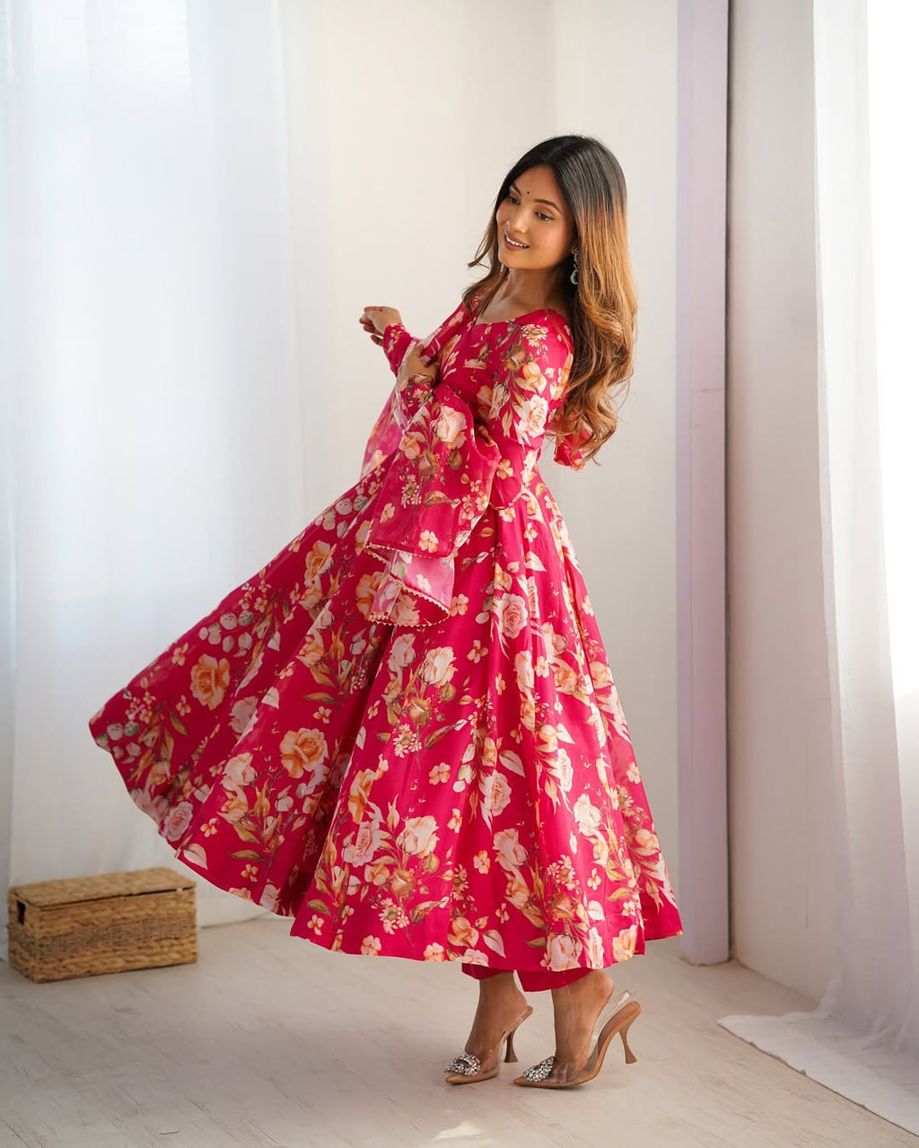 Aashvi Soft Organza Anarkali Suit Set – pastel pink fully stitched Anarkali kurta with 4-meter flair and canvas belt, paired with digitally printed micro cotton pants and a shawl-style lace border dupatta, premium soft organza festive suit for weddings, Diwali, Eid, or Raksha Bandhan, stylish and elegant ethnic set for women by Trinaari.