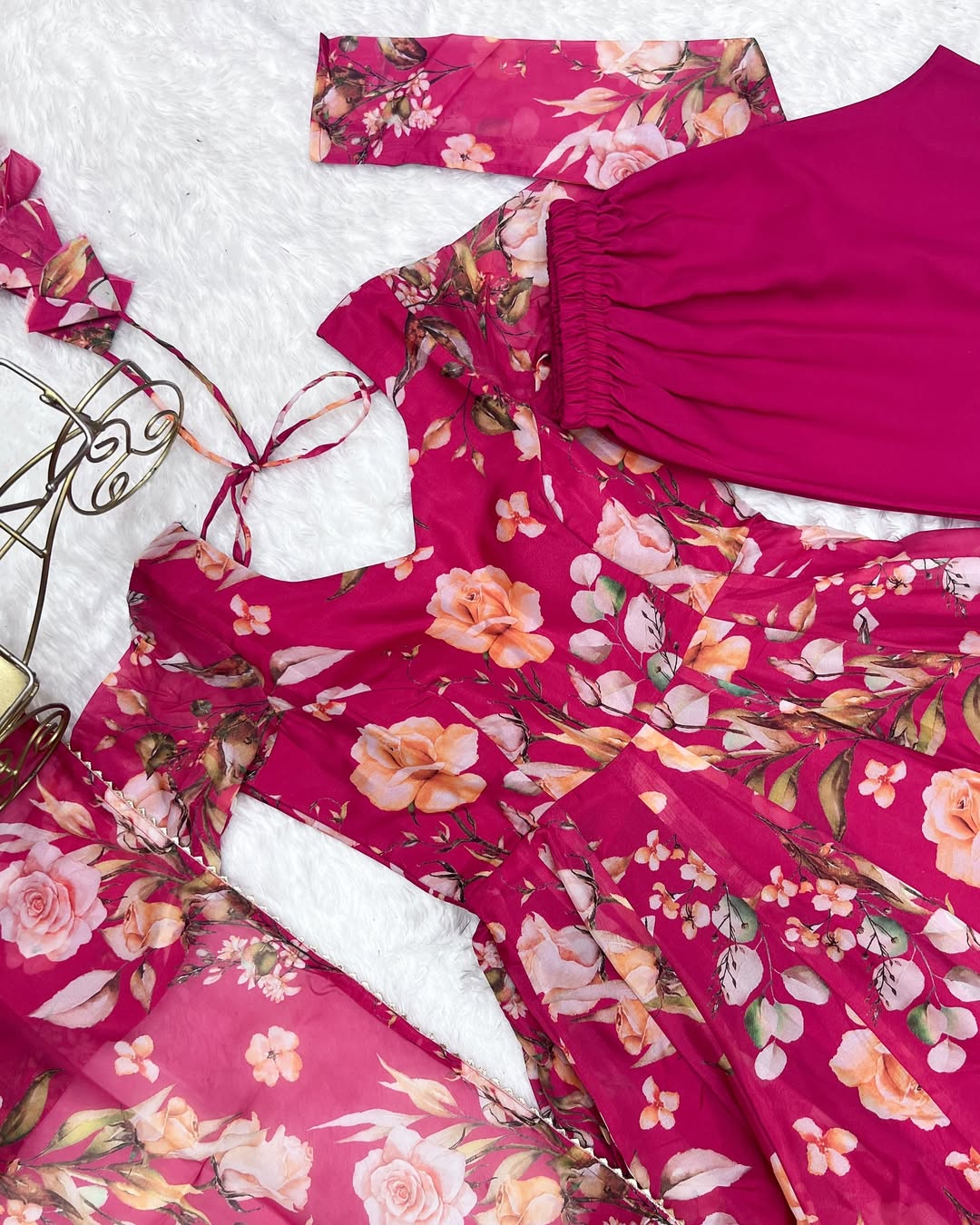 Aashvi Soft Organza Anarkali Suit Set – pastel pink fully stitched Anarkali kurta with 4-meter flair and canvas belt, paired with digitally printed micro cotton pants and a shawl-style lace border dupatta, premium soft organza festive suit for weddings, Diwali, Eid, or Raksha Bandhan, stylish and elegant ethnic set for women by Trinaari.