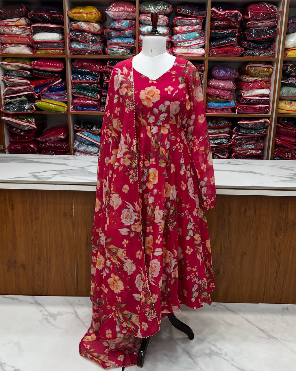 Aashvi Soft Organza Anarkali Suit Set – pastel pink fully stitched Anarkali kurta with 4-meter flair and canvas belt, paired with digitally printed micro cotton pants and a shawl-style lace border dupatta, premium soft organza festive suit for weddings, Diwali, Eid, or Raksha Bandhan, stylish and elegant ethnic set for women by Trinaari.