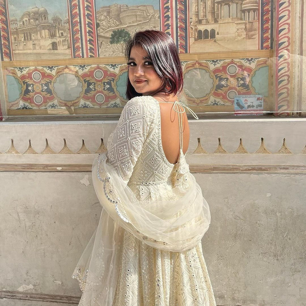 Aavya White Embroidered Anarkali Flared Gown Set