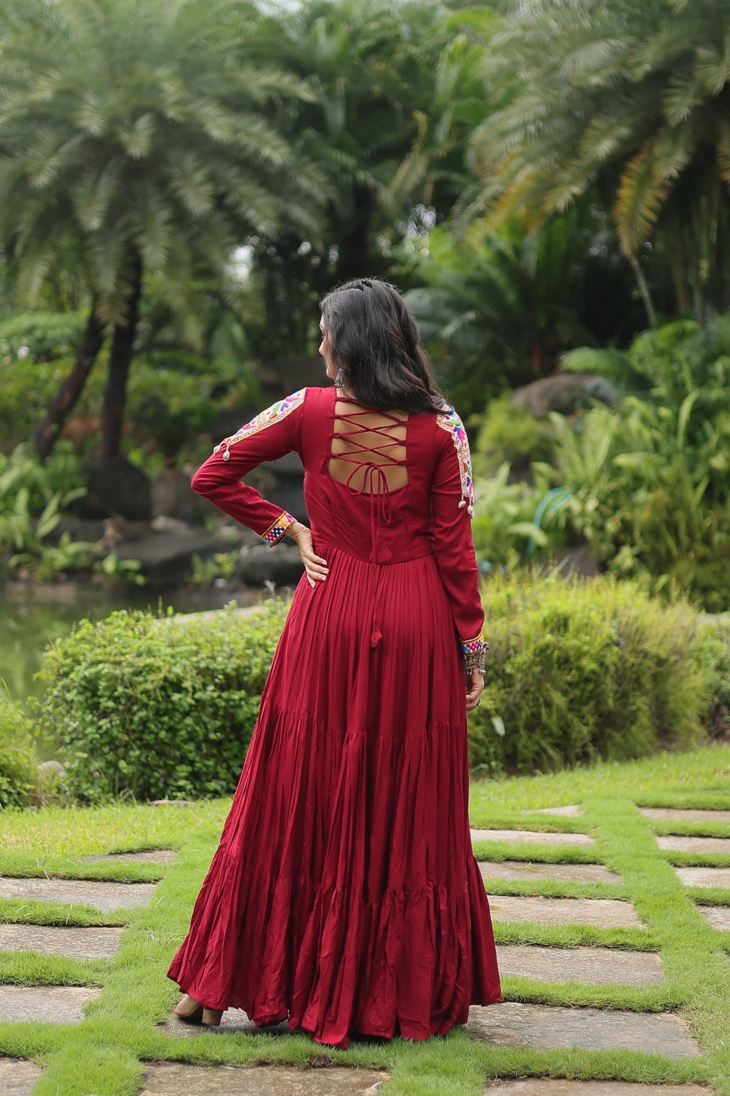 Aditri Maroon Pure Rayon Kutchi Gamthi Anarkali Gown