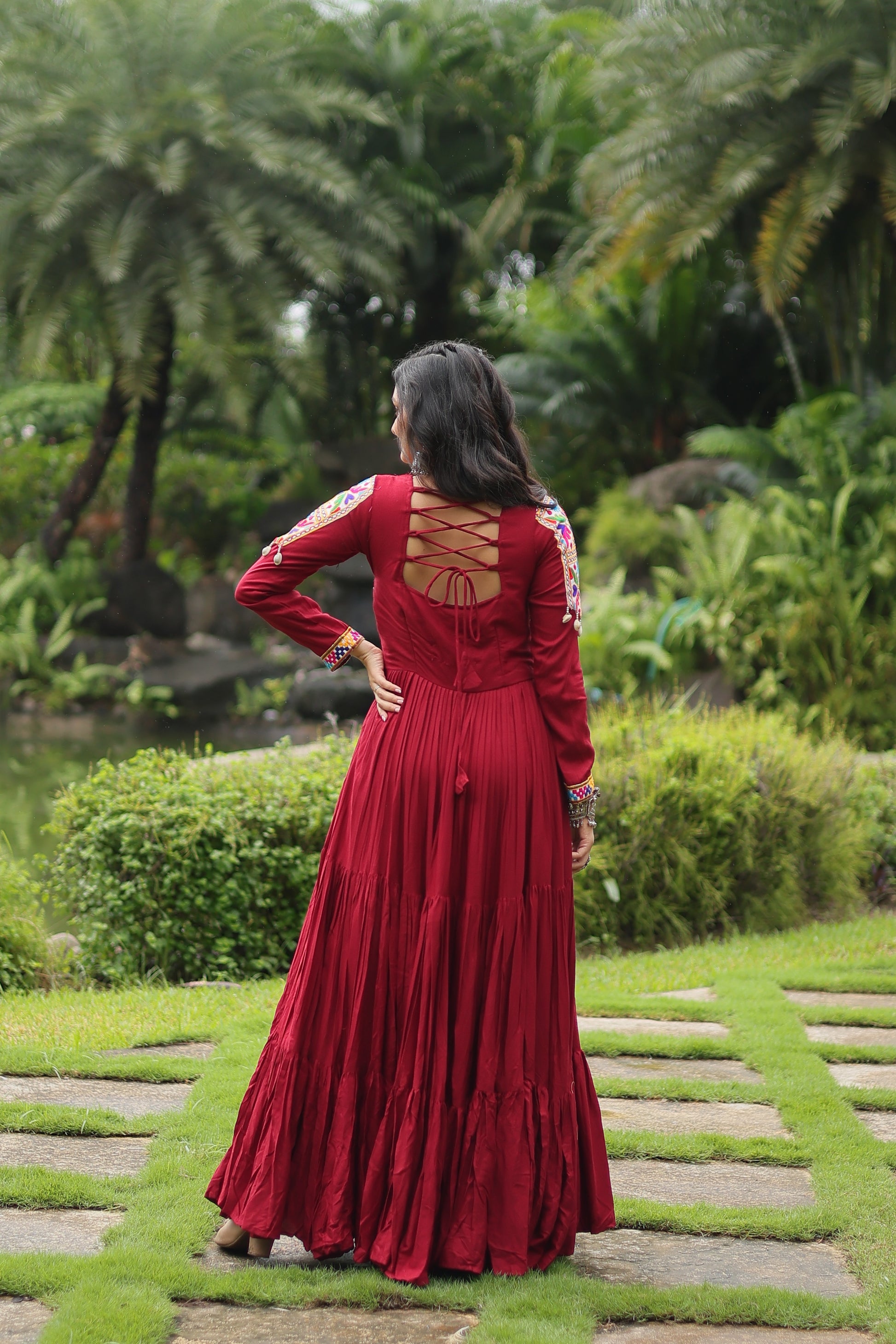 Aditri Maroon Pure Rayon Kutchi Gamthi Anarkali Gown