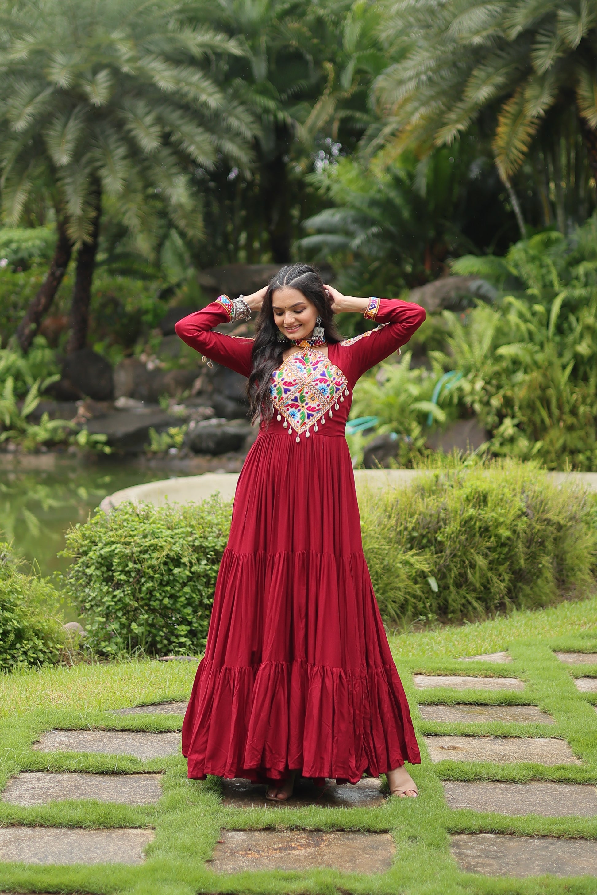 Aditri Maroon Pure Rayon Kutchi Gamthi Anarkali Gown
