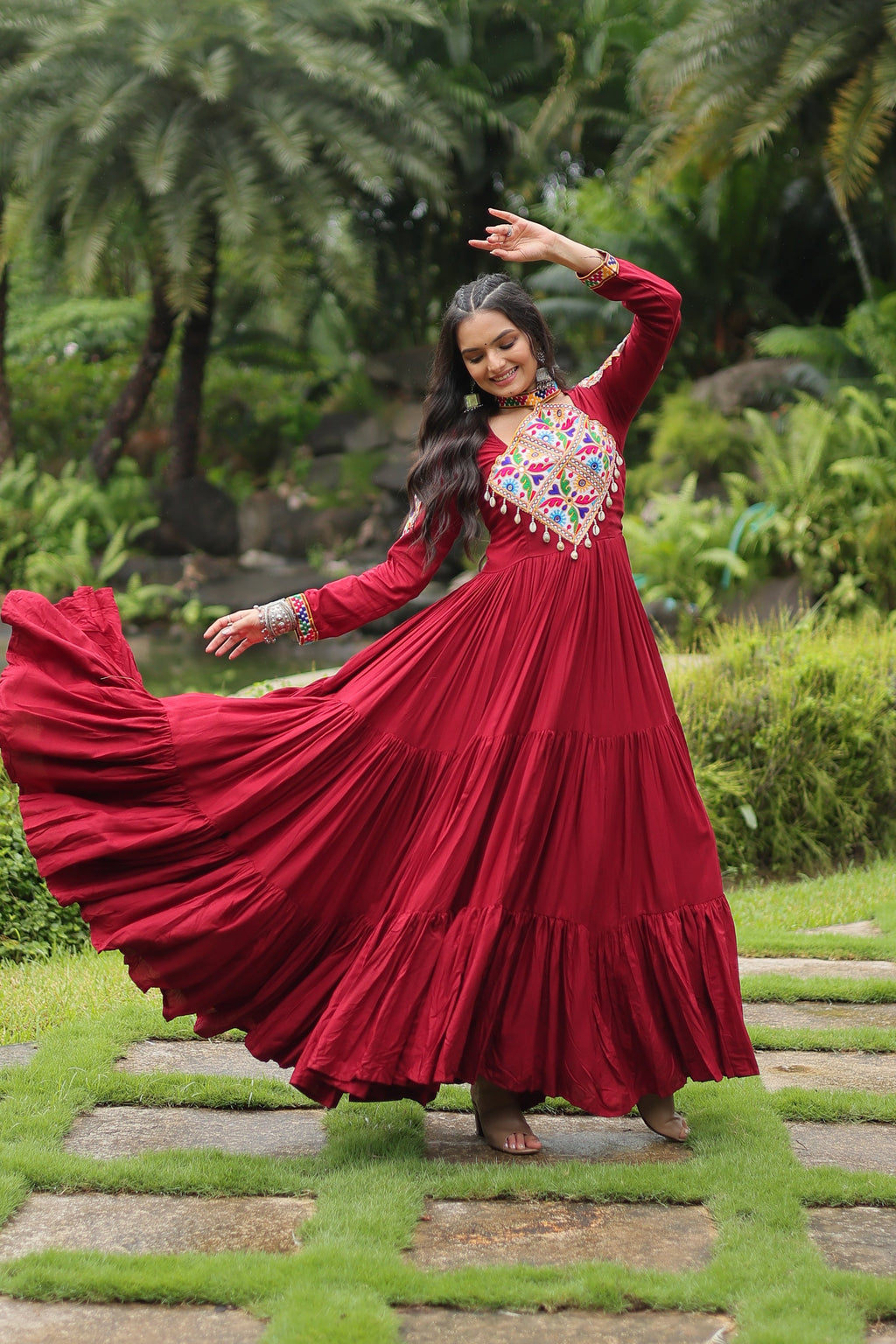 Aditri Maroon Pure Rayon Kutchi Gamthi Anarkali Gown