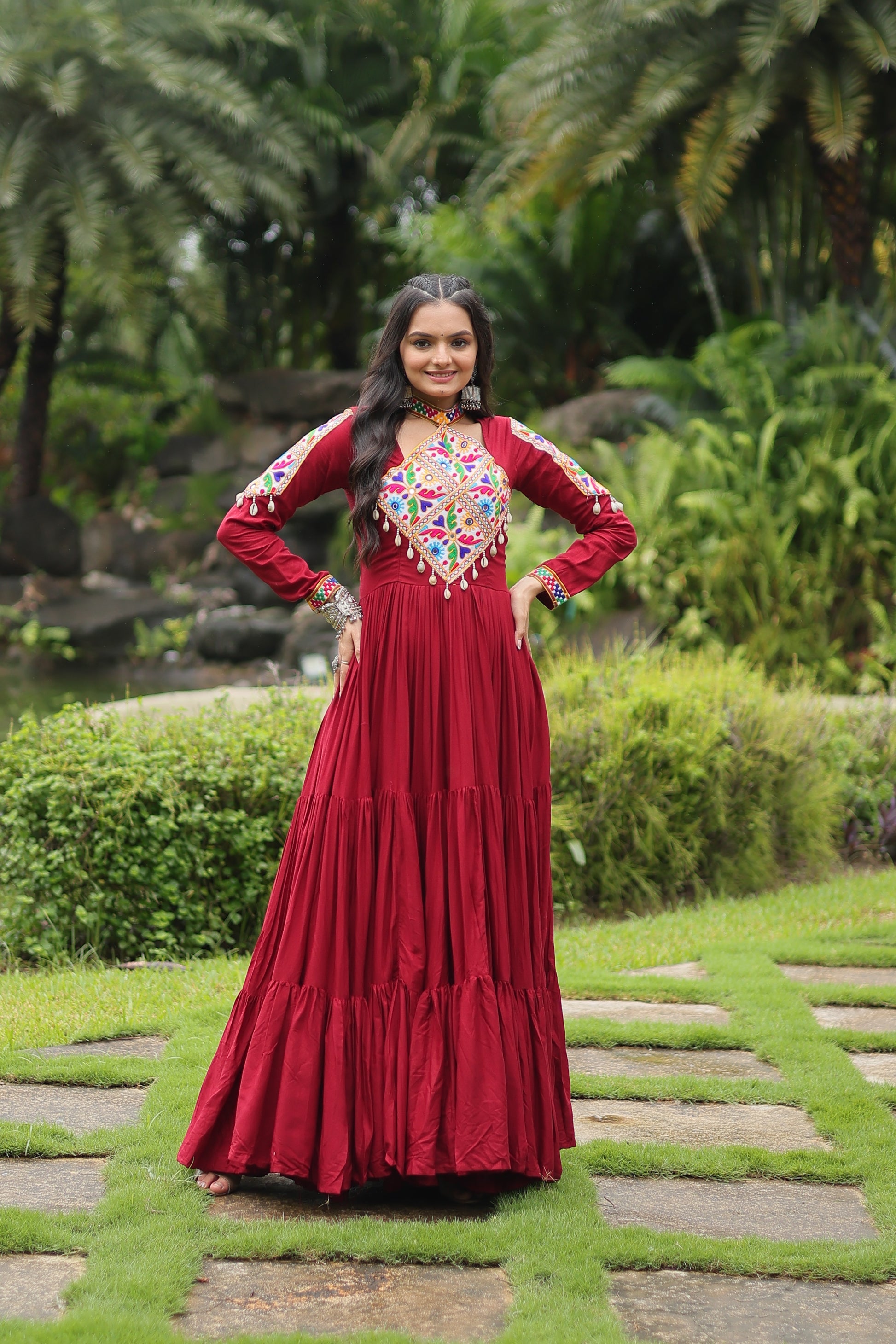 Aditri Maroon Pure Rayon Kutchi Gamthi Anarkali Gown