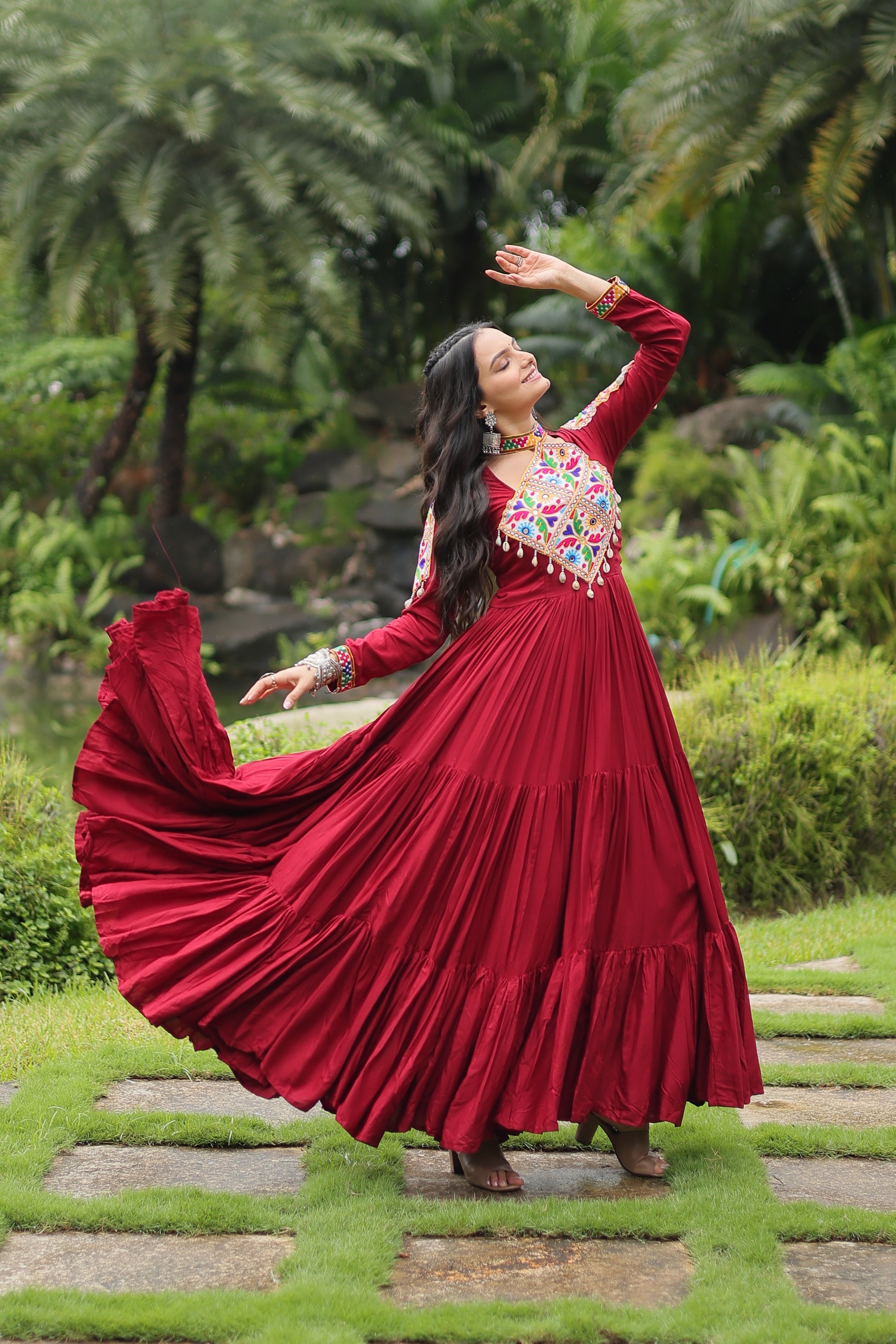 Aditri Maroon Pure Rayon Kutchi Gamthi Anarkali Gown
