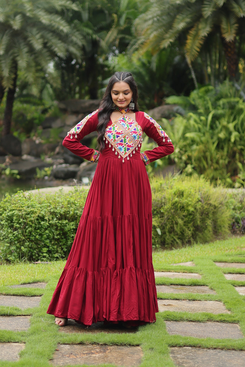 Aditri Maroon Pure Rayon Kutchi Gamthi Anarkali Gown