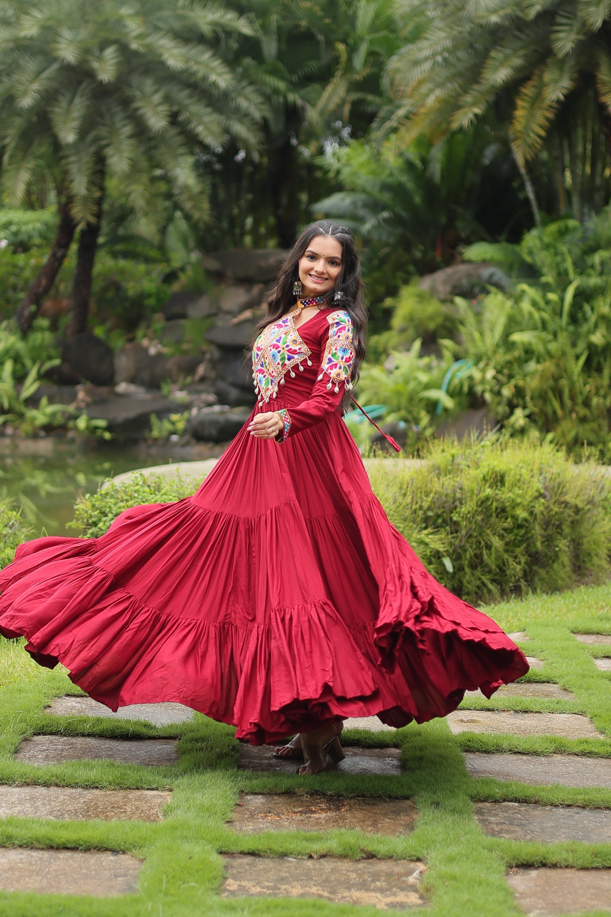 Aditri Maroon Pure Rayon Kutchi Gamthi Anarkali Gown