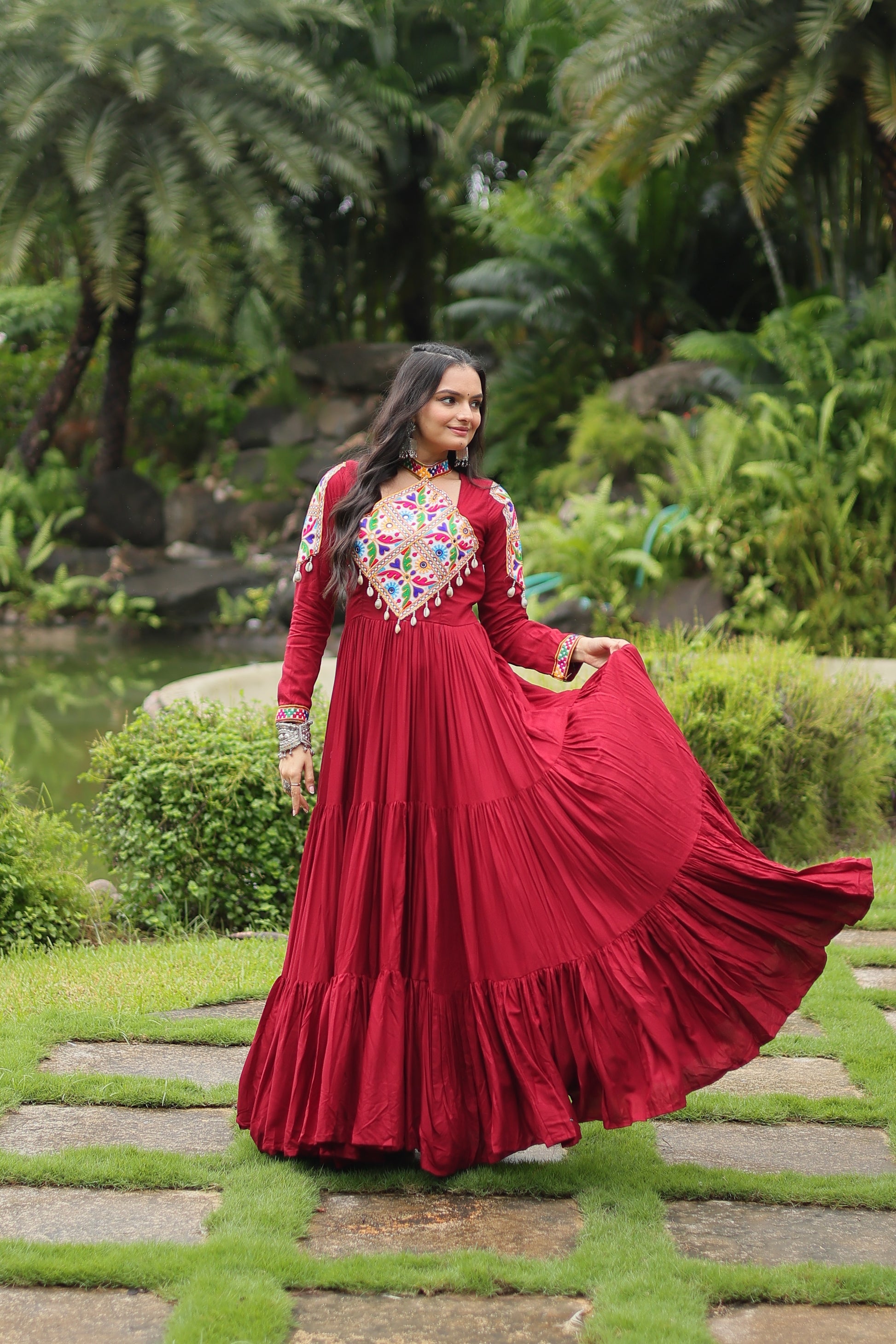 Aditri Maroon Pure Rayon Kutchi Gamthi Anarkali Gown