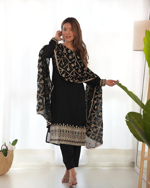Adya Black Pure Blooming Vichitra Silk Kurta Suit Set With Dupatta