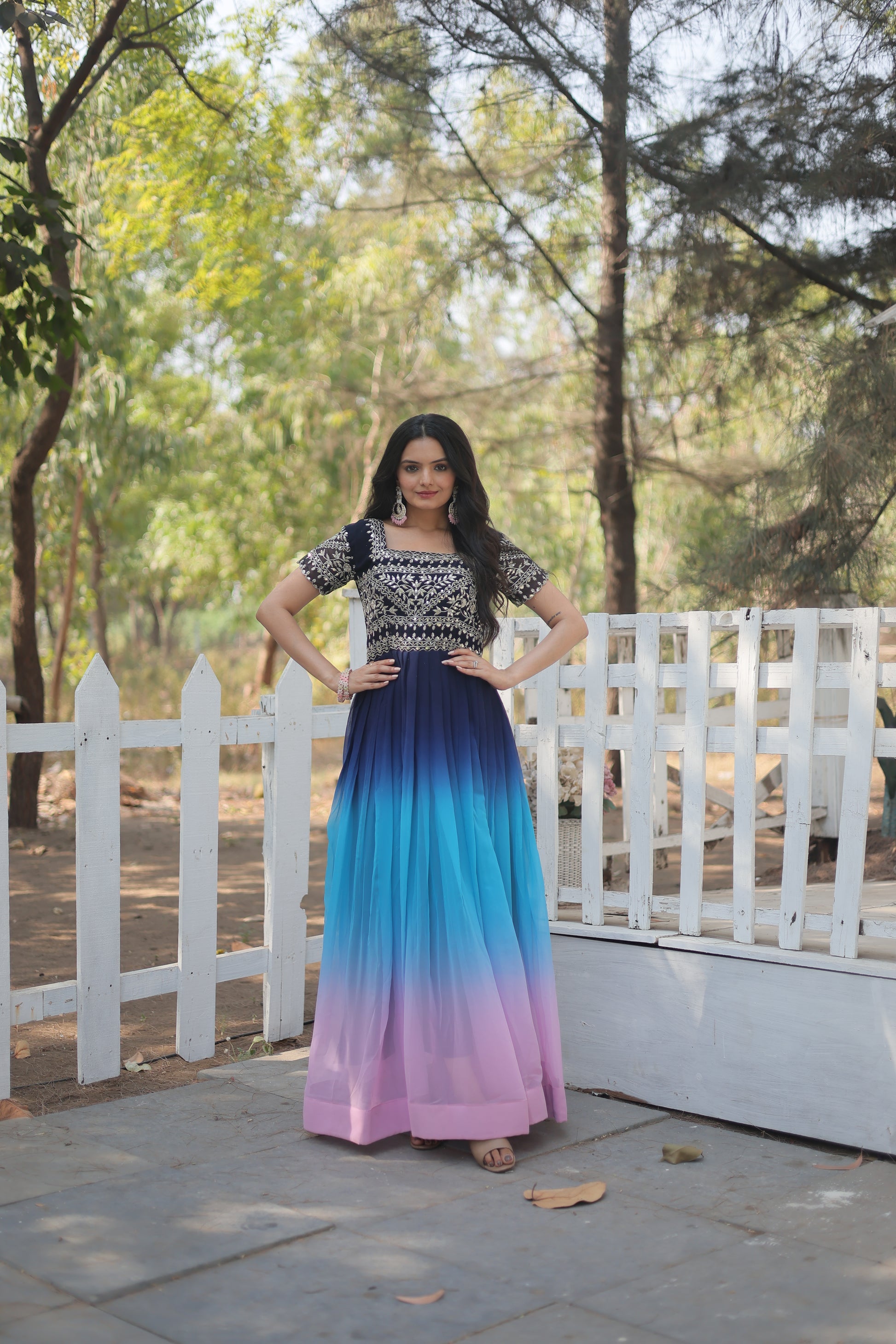 Ahani Blue Embroidered Zari Sequins Work Gown