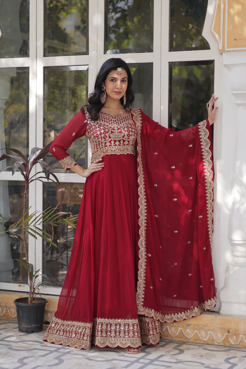 Akshita Red Embroidery Georgette Anarkali Gown Set