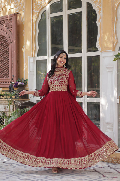 Akshita Red Embroidery Georgette Anarkali Gown Set