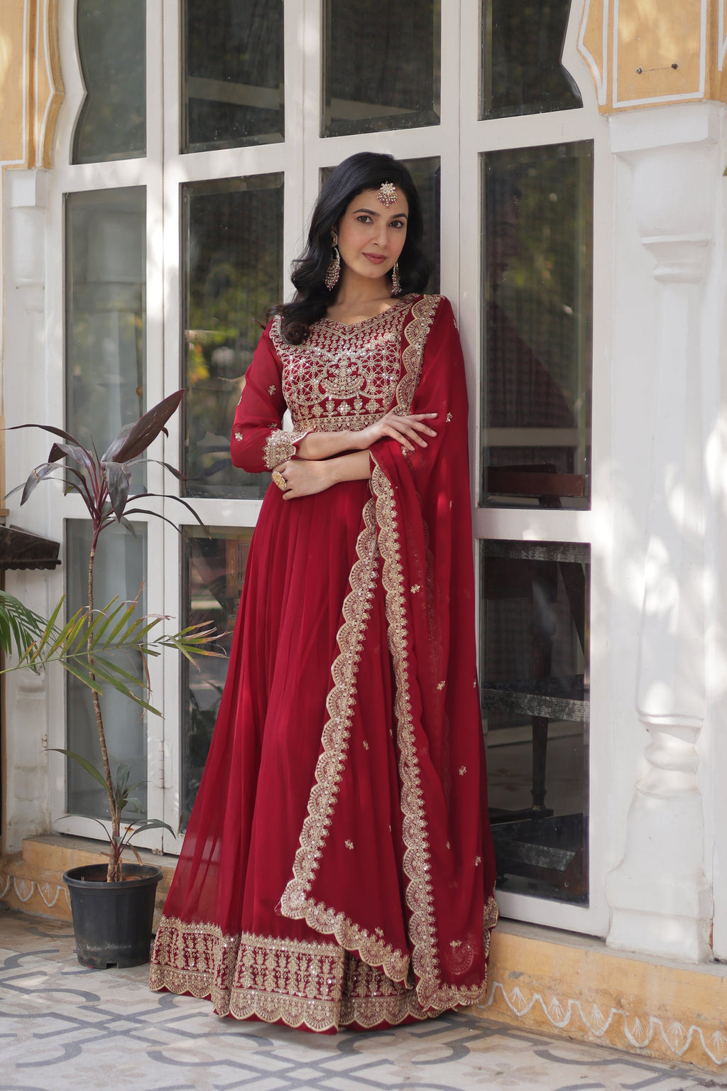 Akshita Red Embroidery Georgette Anarkali Gown Set