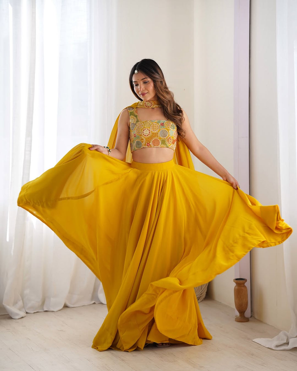 Amaya Pure Soft Fox Georgette Yellow Lehenga Set