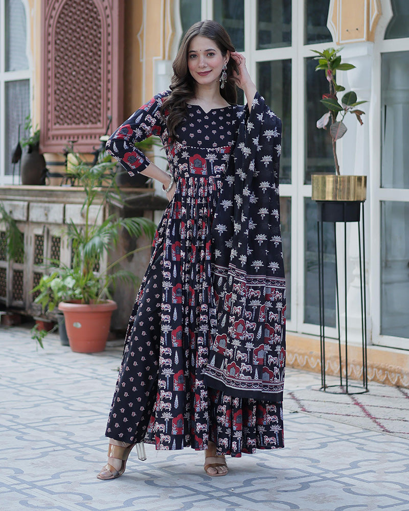Amyra Pure Cotton Printed Black Kurti Suit Set