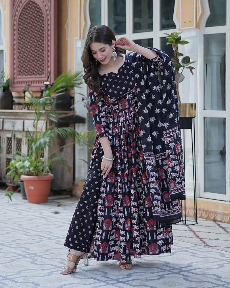 Pure Cotton Printed Black Kurti Suit Set