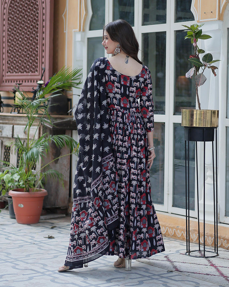 Pure Cotton Printed Black Kurti Suit Set