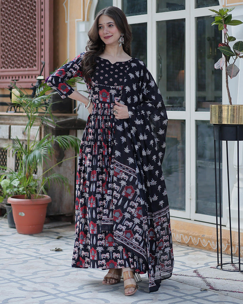 Amyra Pure Cotton Printed Black Kurti Suit Set
