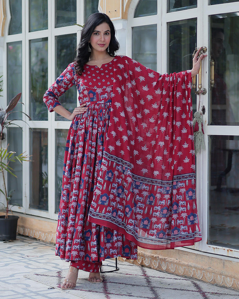 Amyra Pure Cotton Printed Red Kurti Suit Set