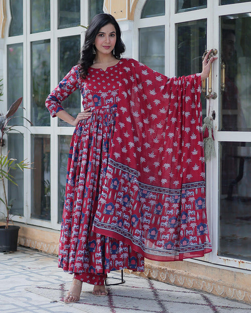 Amyra pure cotton printed red kurti suit set