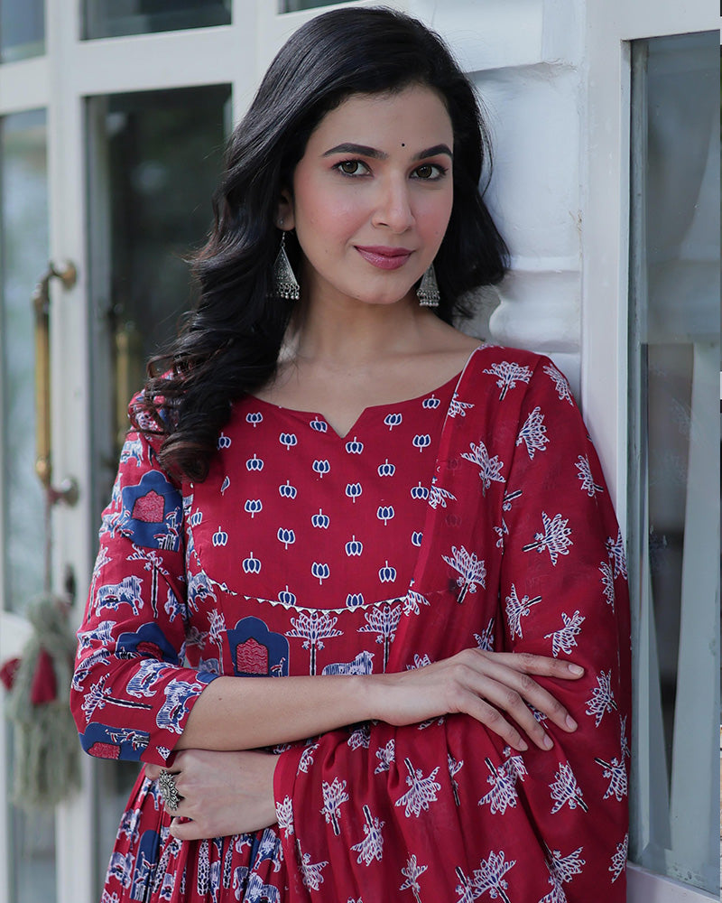Amyra Pure Cotton Printed Red Kurti Suit Set