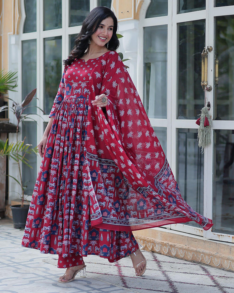 Amyra Pure Cotton Printed Red Kurti Suit Set