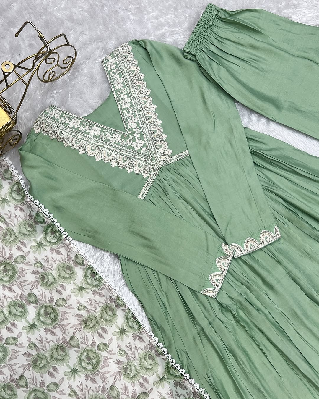 Anaya Pista Pure Roman Silk Chanderi Kurta Suit Set With Dupatta
