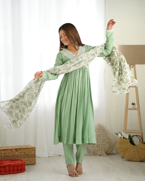 Anaya pista pure roman silk chanderi kurta suit set with dupatta