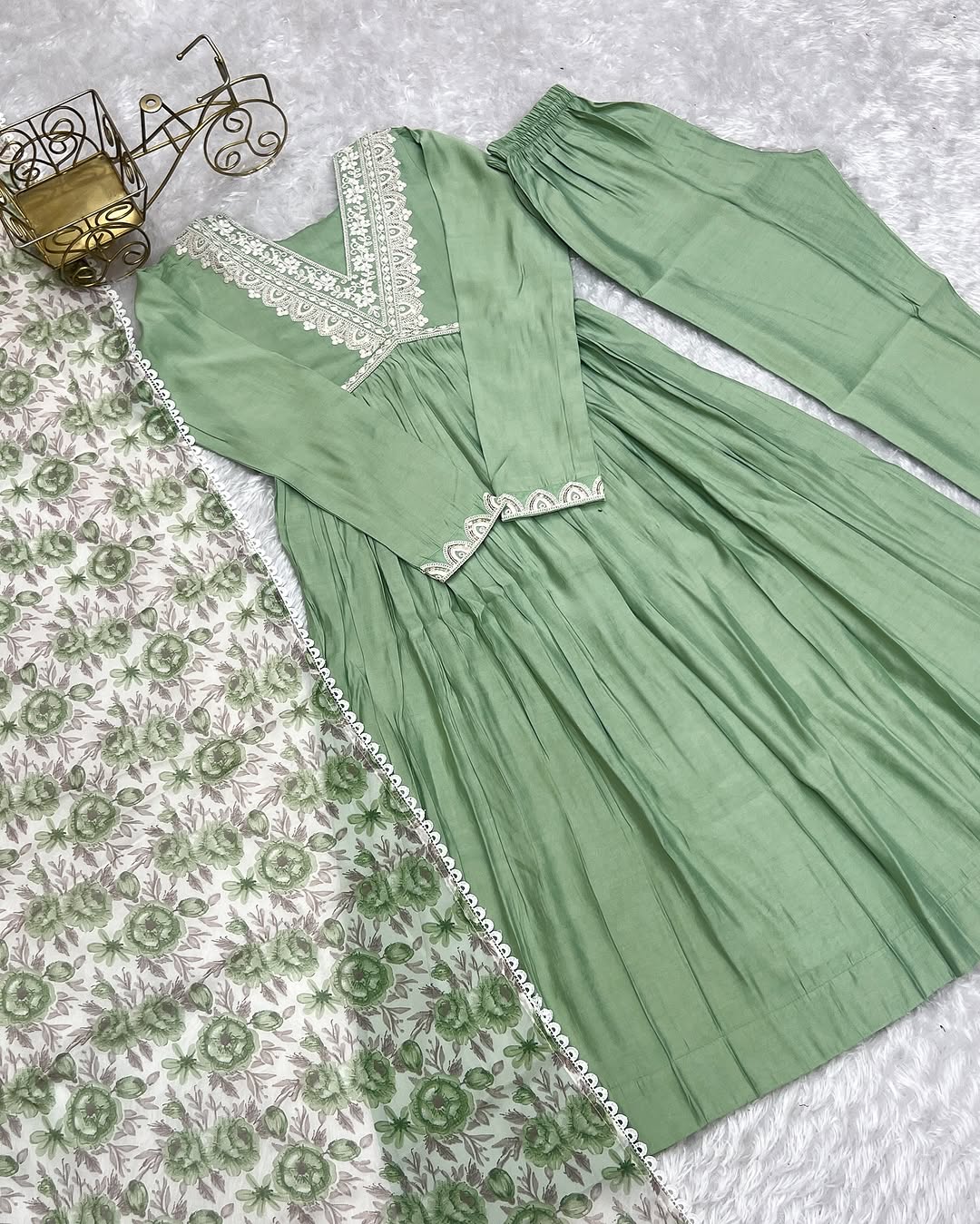 Anaya Pista Pure Roman Silk Chanderi Kurta Suit Set With Dupatta