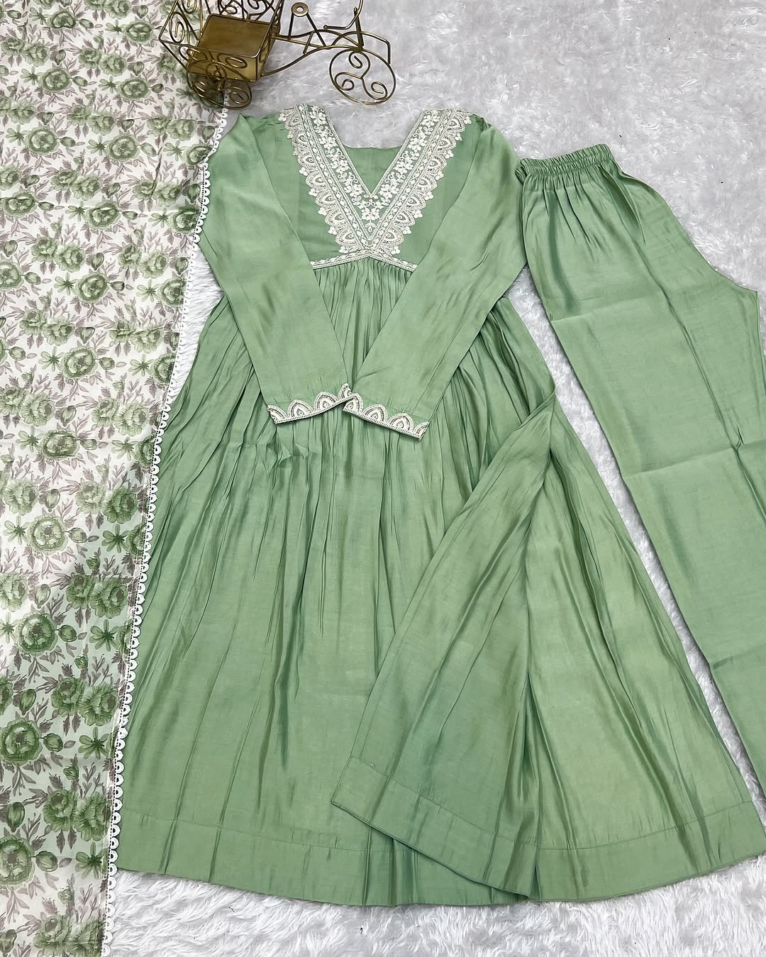 Anaya Pista Pure Roman Silk Chanderi Kurta Suit Set With Dupatta