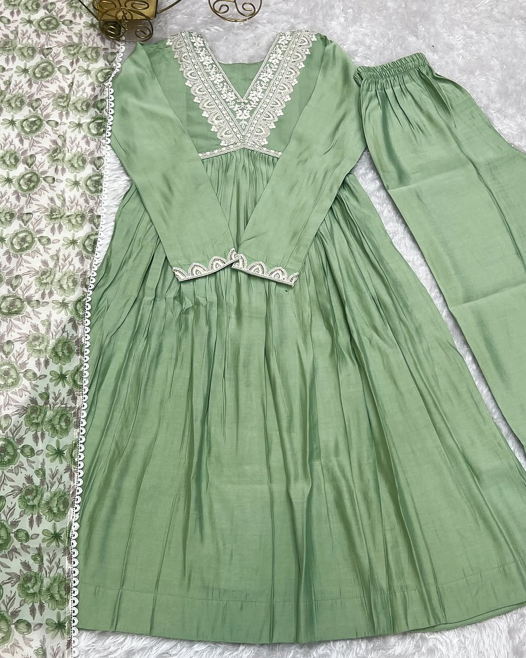 Anaya Pista Pure Roman Silk Chanderi Kurta Suit Set With Dupatta