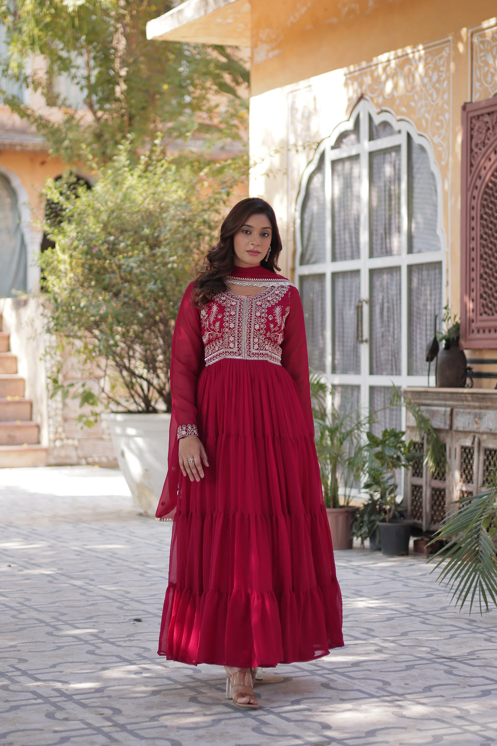 Anika Pearl Embroidered Flair Pink Anarkali Gown Set