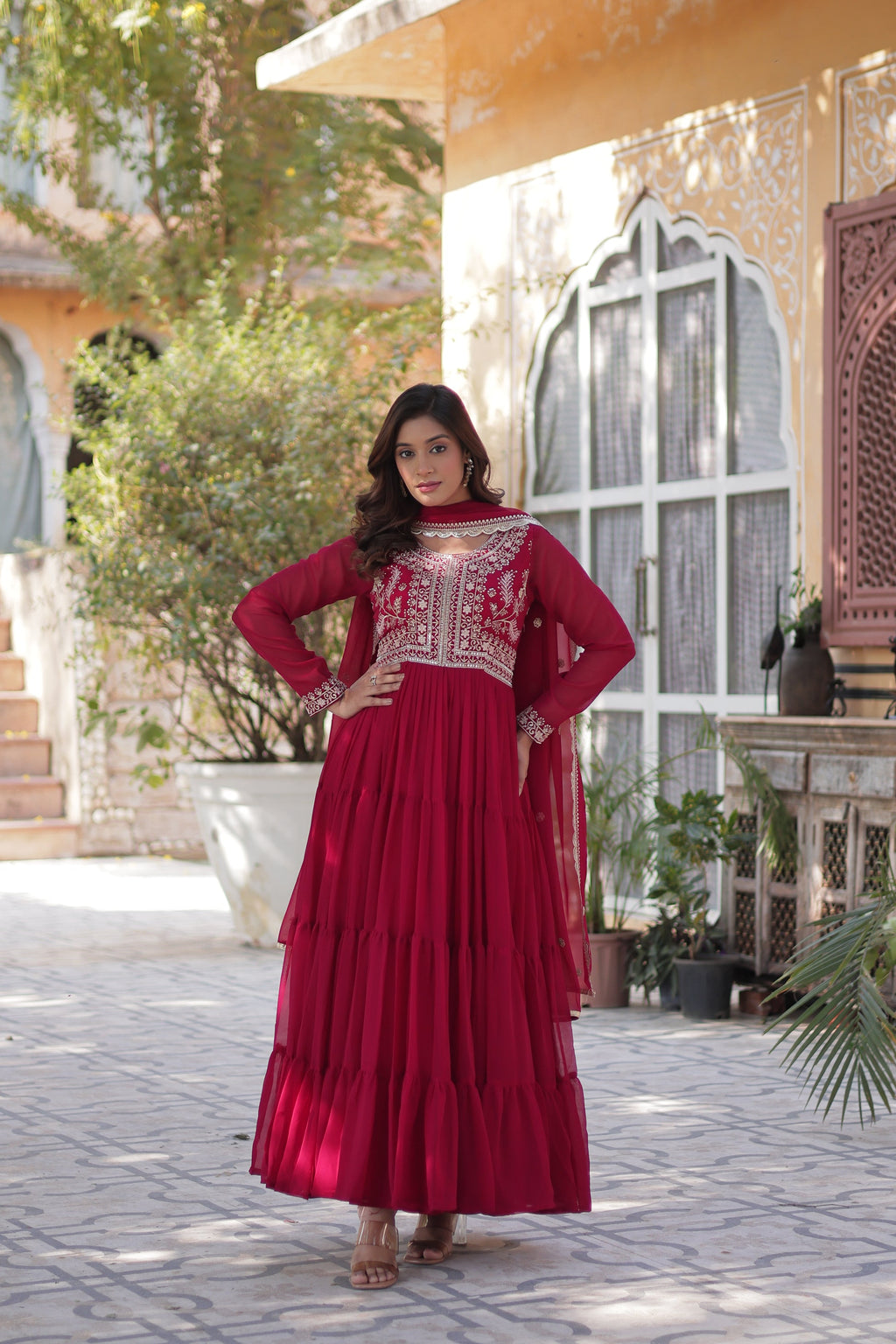 Anika Pearl Embroidered Flair Pink Anarkali Gown Set