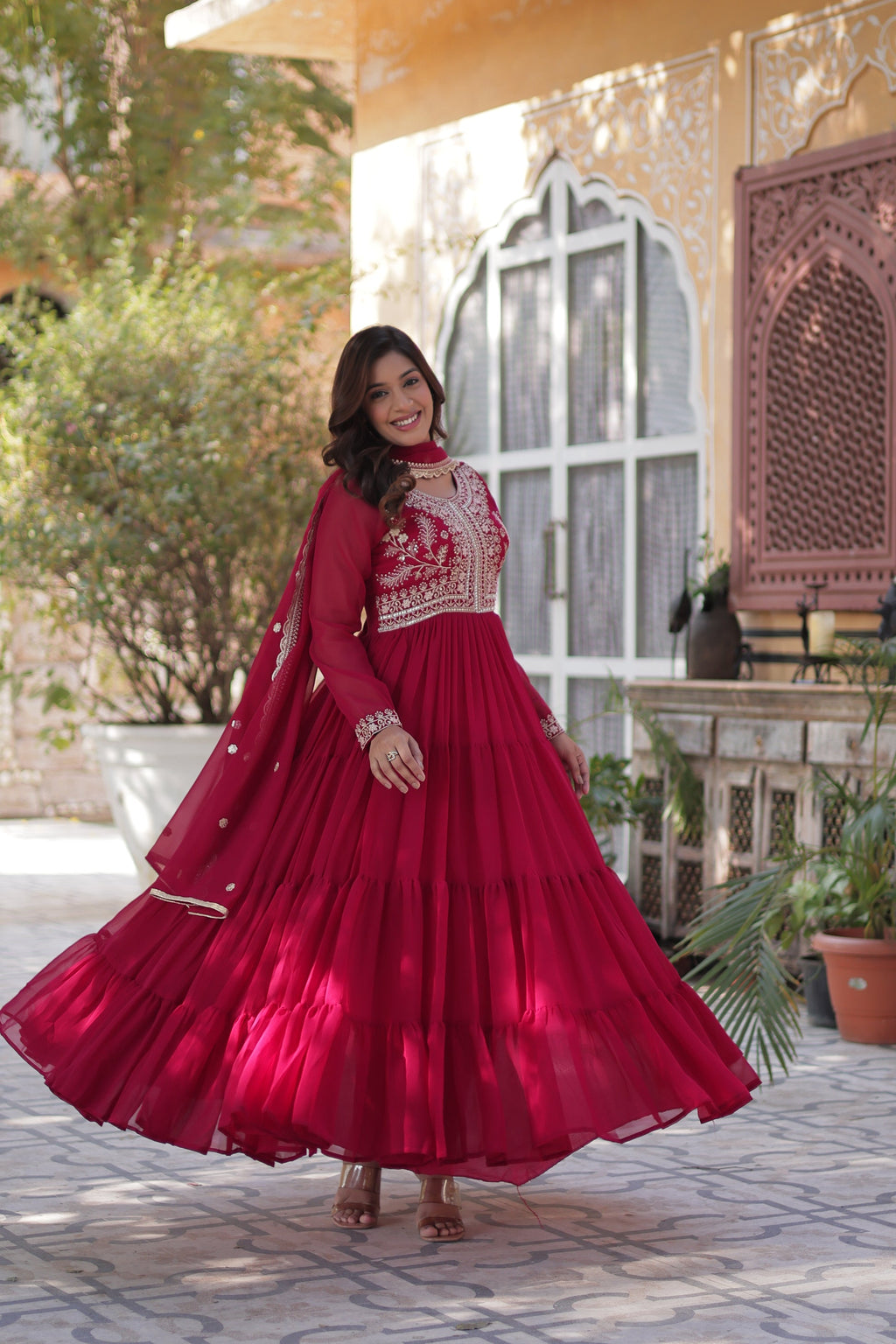 Anika Pearl Embroidered Flair Pink Anarkali Gown Set