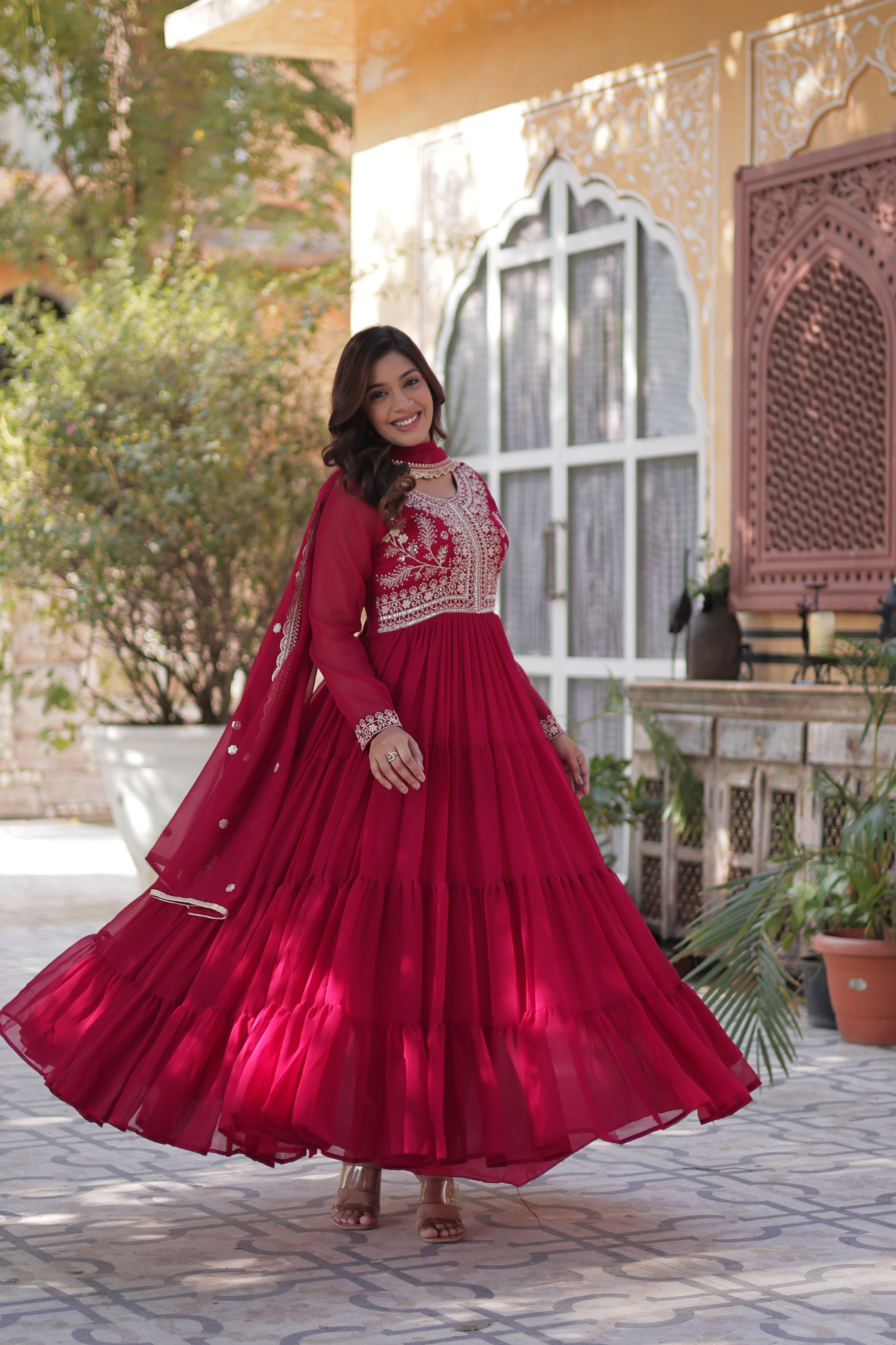 Anika Pearl Embroidered Flair Pink Anarkali Gown Set