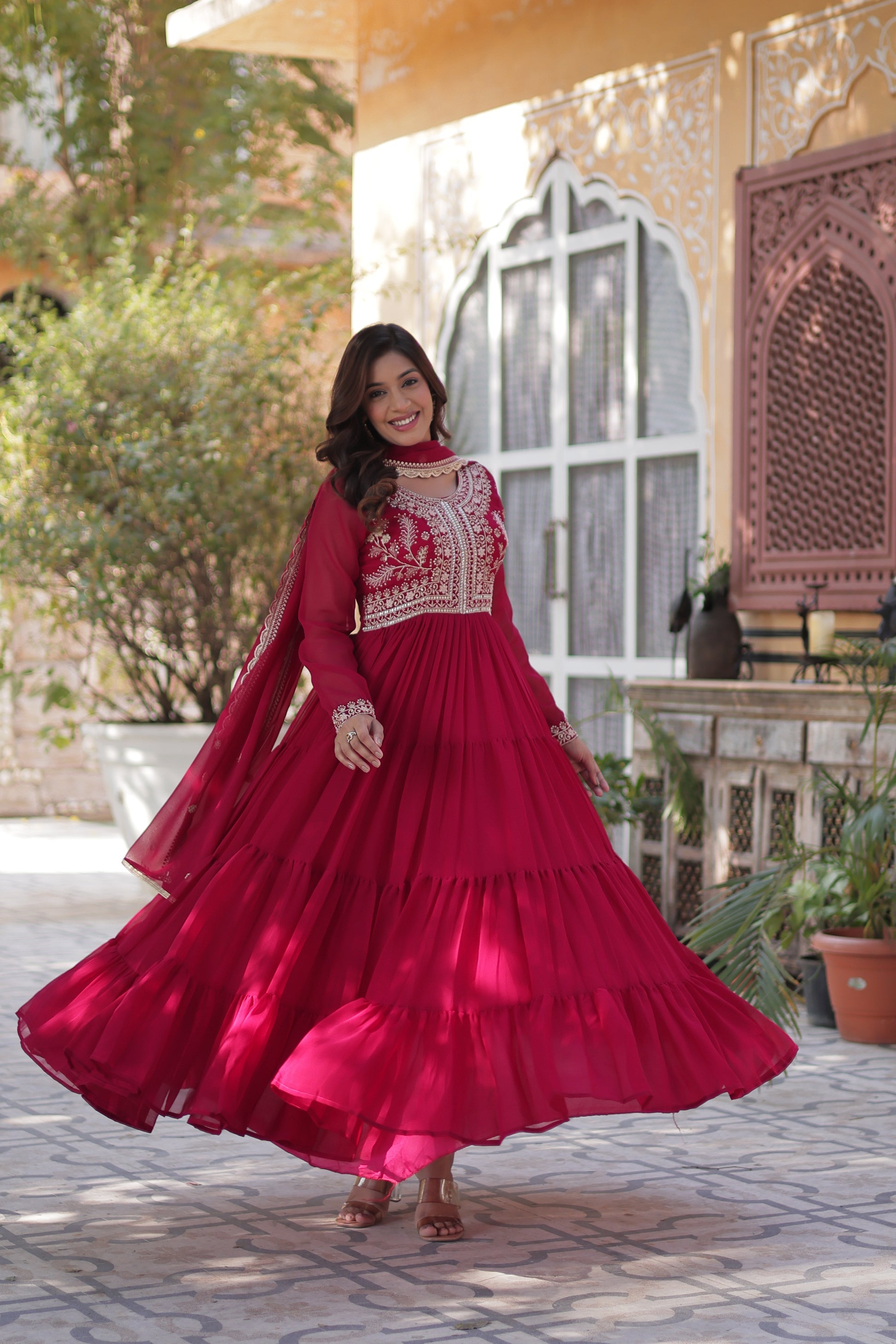 Anika Pearl Embroidered Flair Pink Anarkali Gown Set
