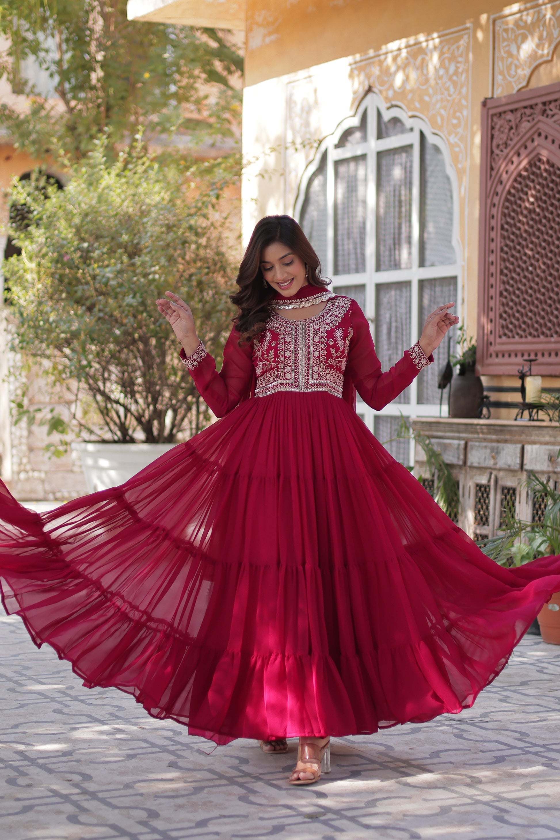 Anika Pearl Embroidered Flair Pink Anarkali Gown Set