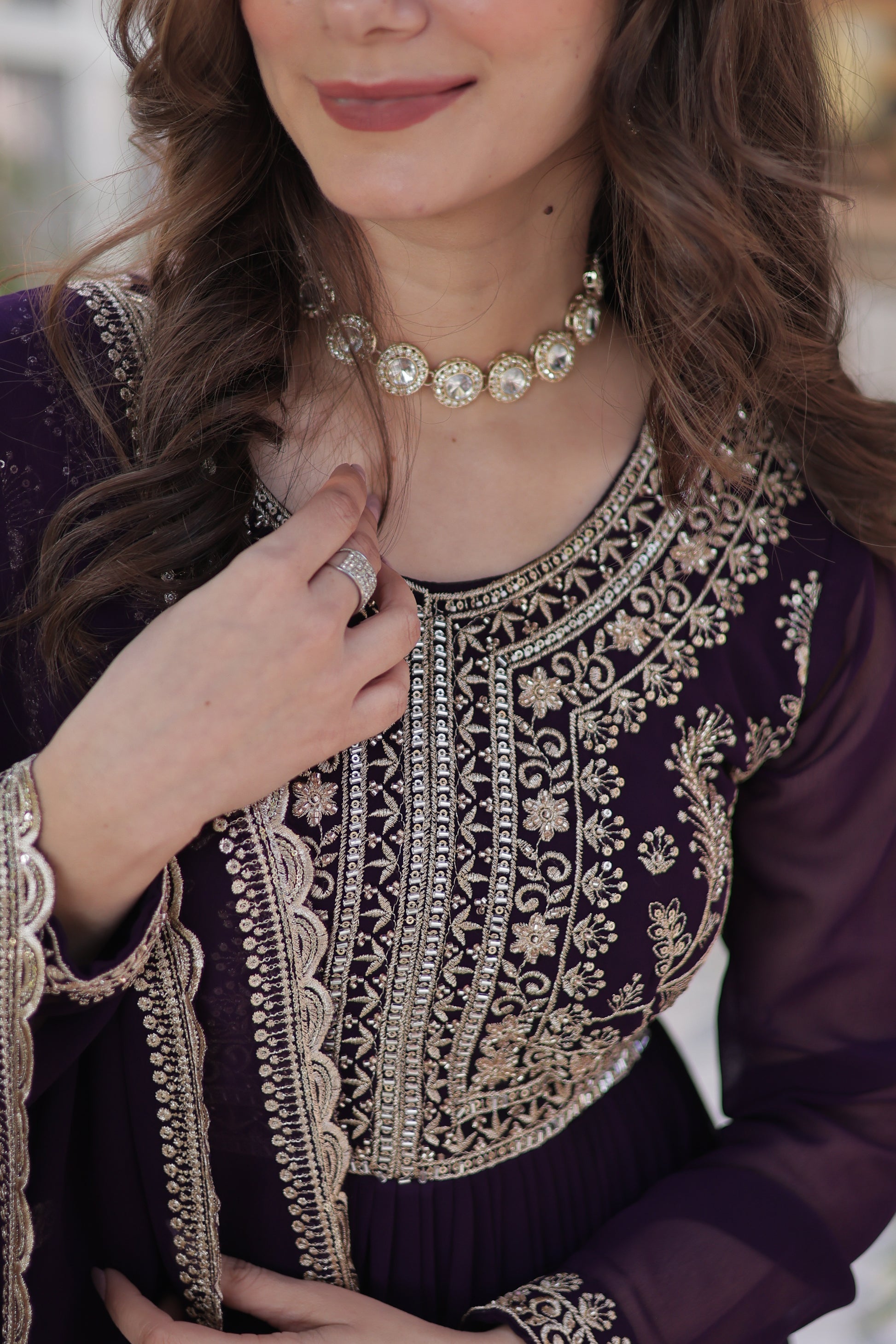 Anika Pearl Embroidered Flair Wine Anarkali Gown Set