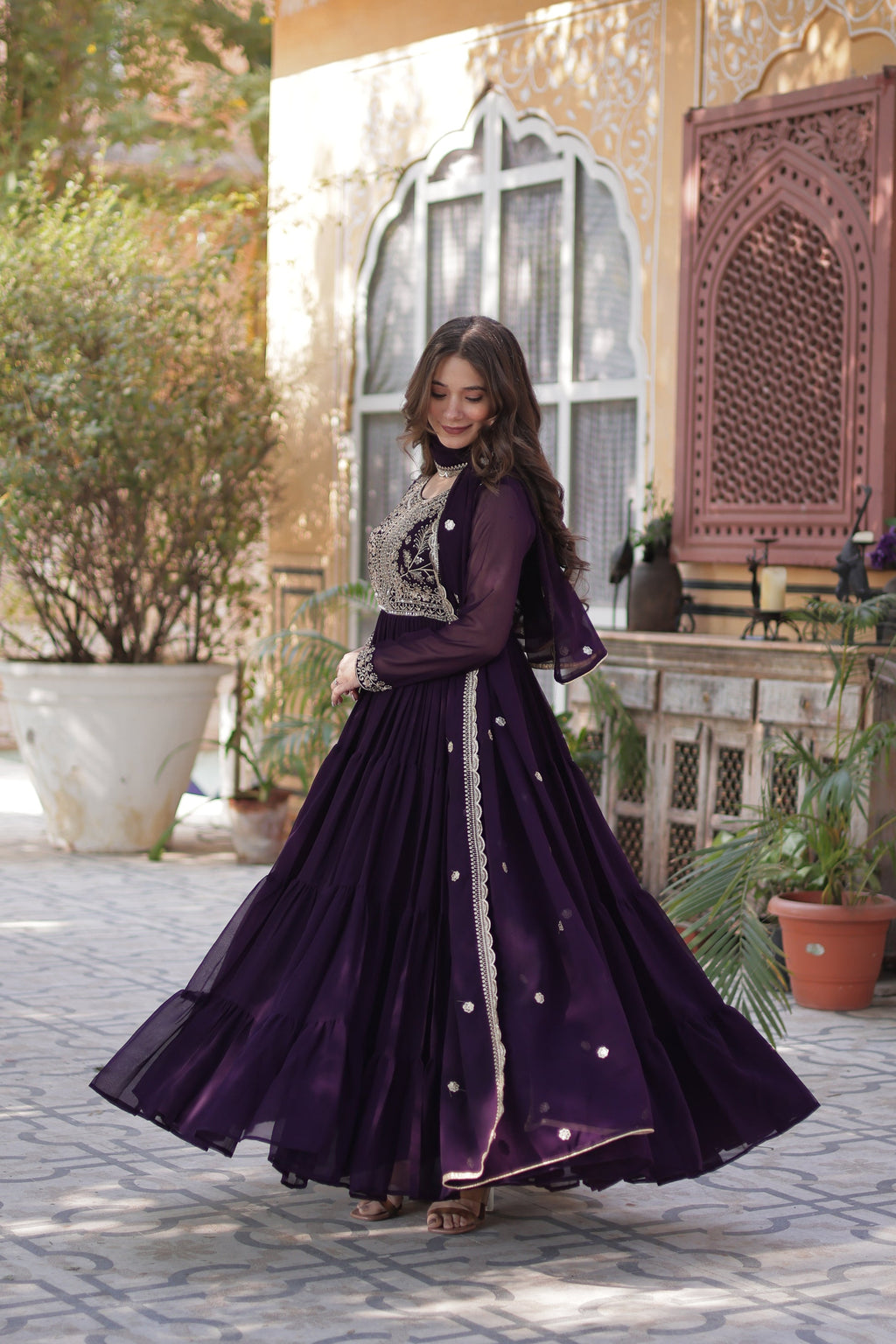 Anika Pearl Embroidered Flair Wine Anarkali Gown Set