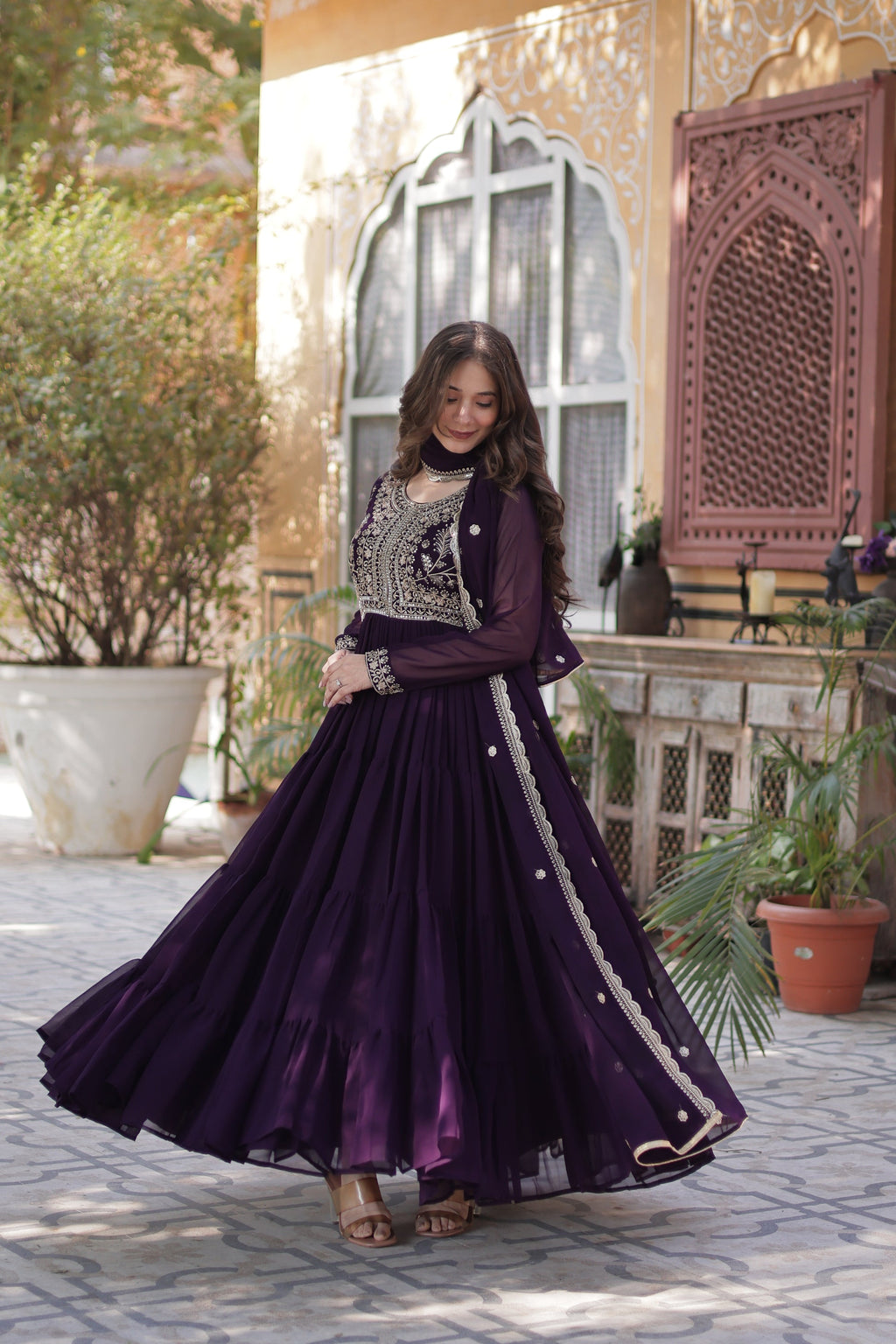Anika Pearl Embroidered Flair Wine Anarkali Gown Set