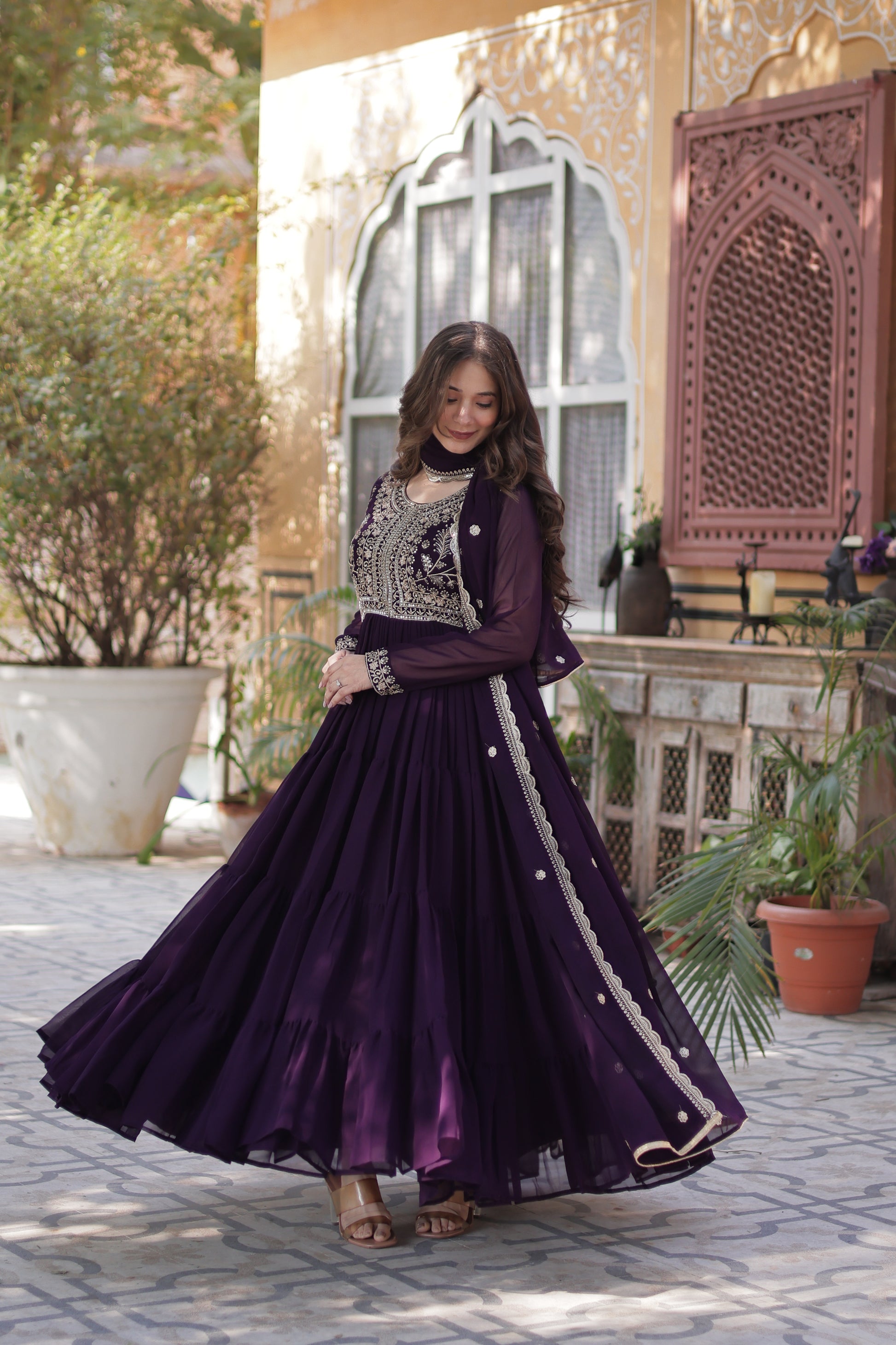 Anika Pearl Embroidered Flair Wine Anarkali Gown Set