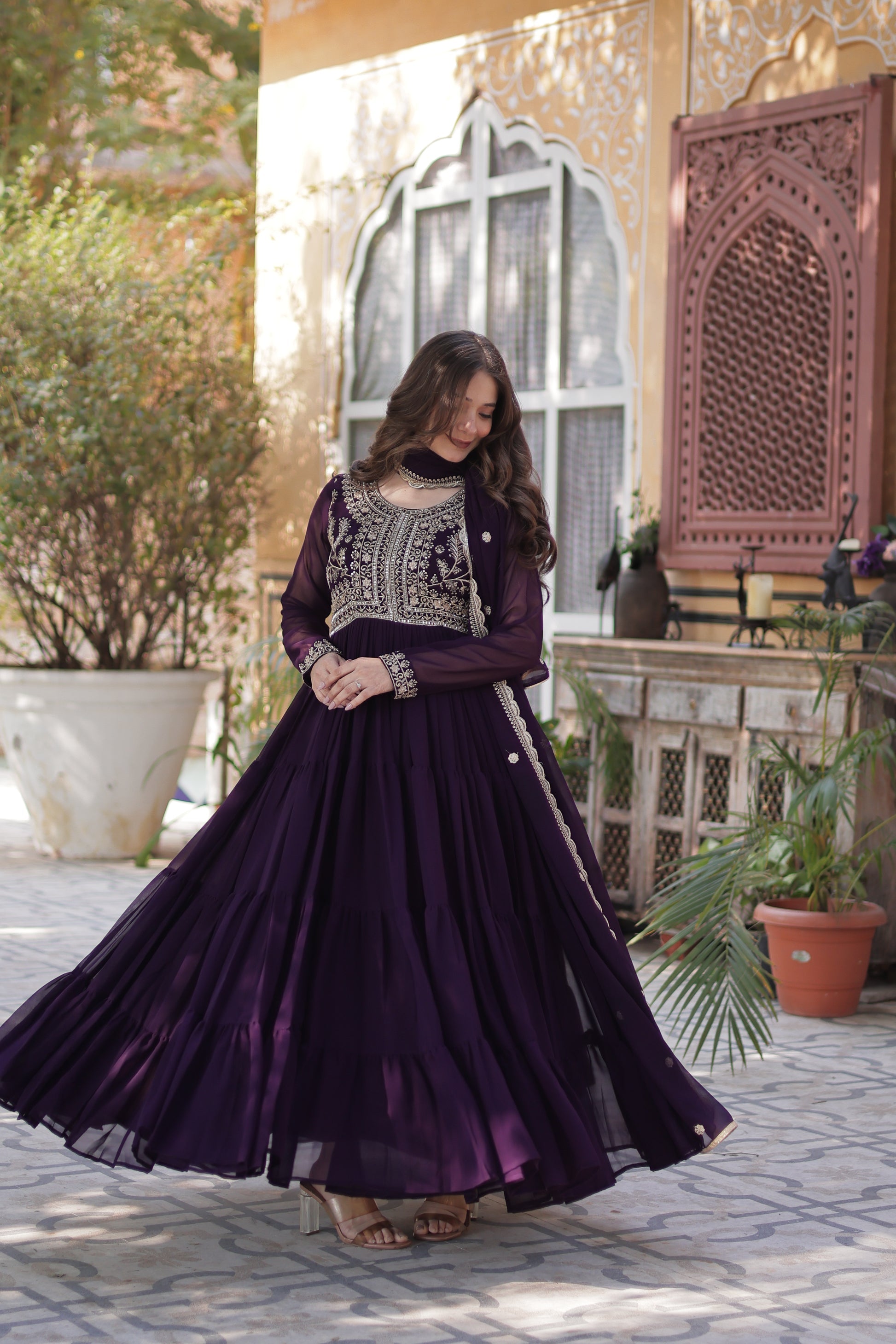 Anika Pearl Embroidered Flair Wine Anarkali Gown Set