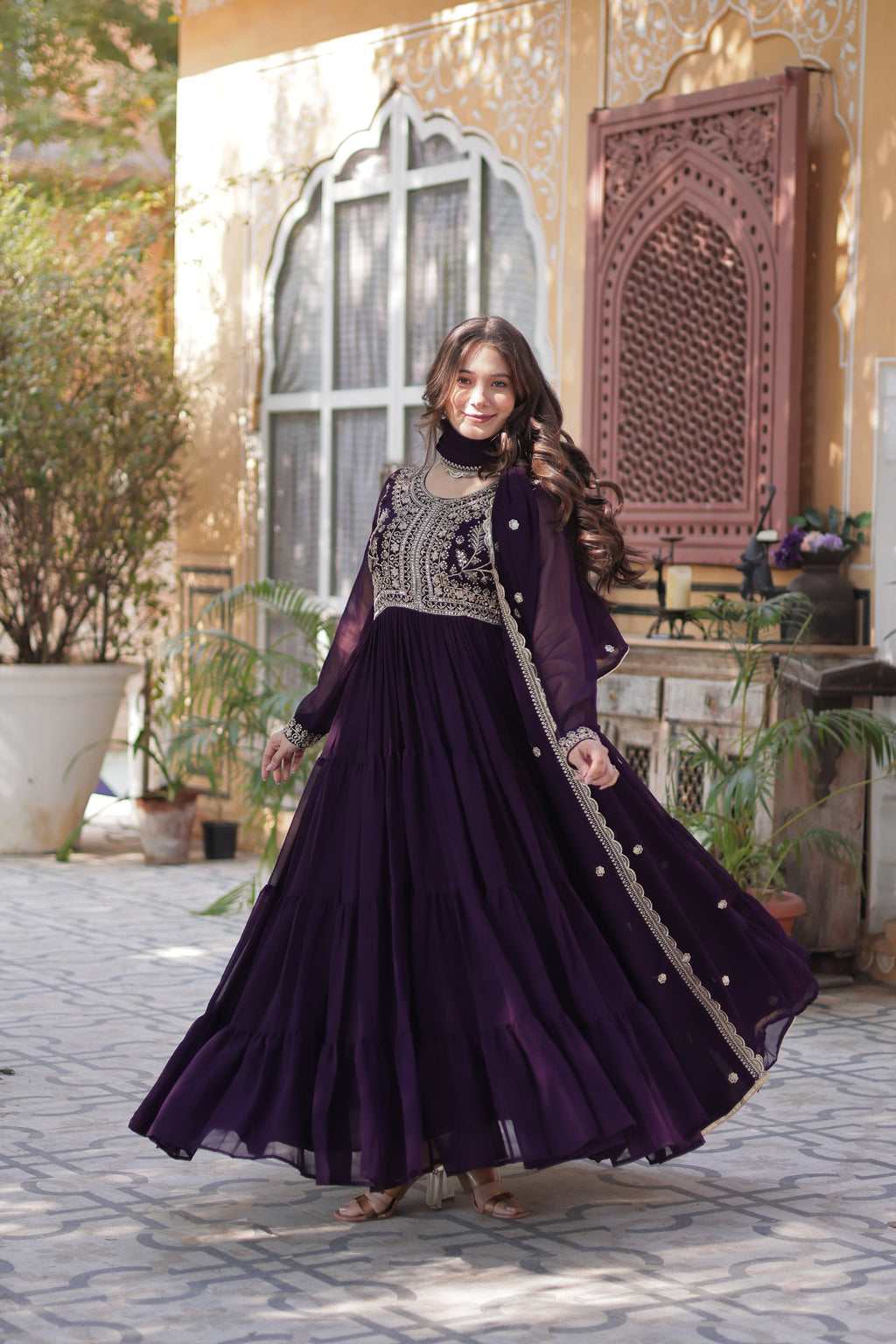 Anika Pearl Embroidered Flair Wine Anarkali Gown Set