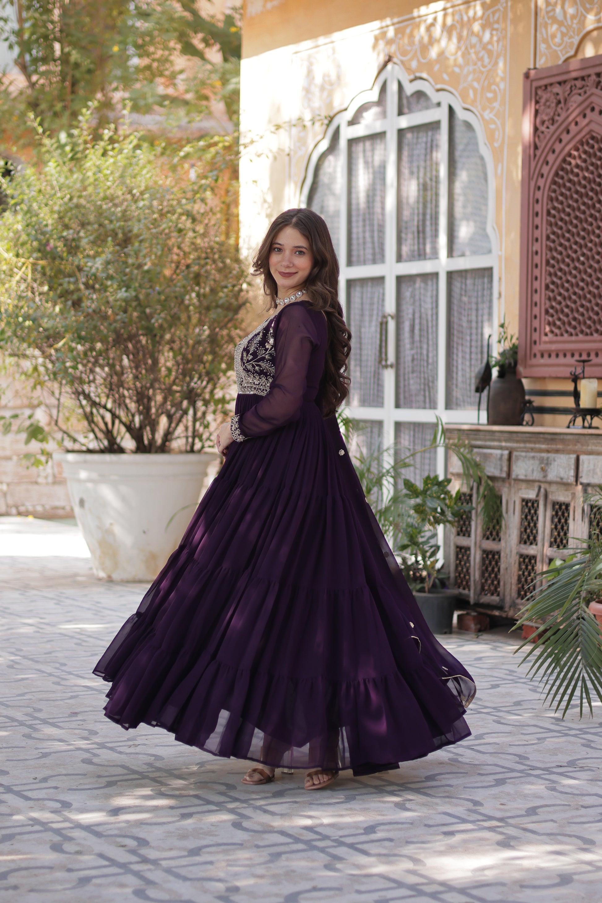 Anika Pearl Embroidered Flair Wine Anarkali Gown Set