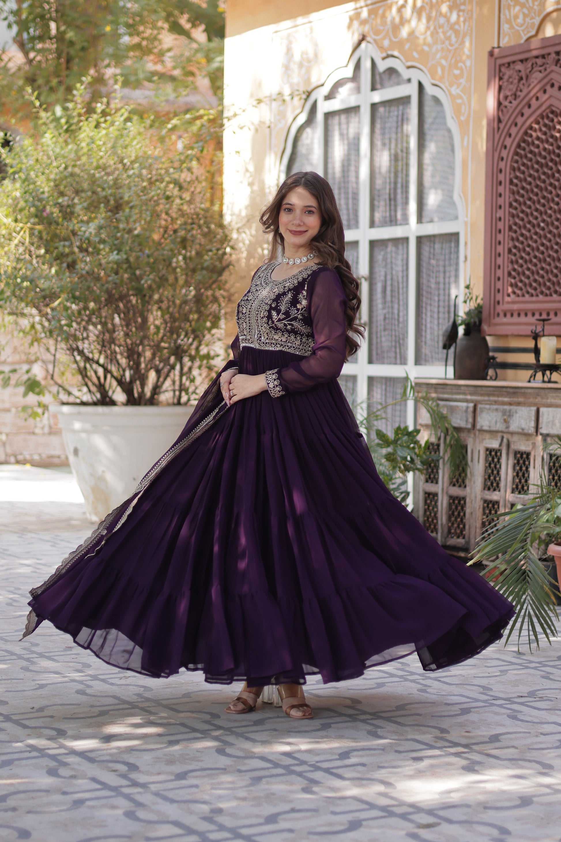 Anika Pearl Embroidered Flair Wine Anarkali Gown Set