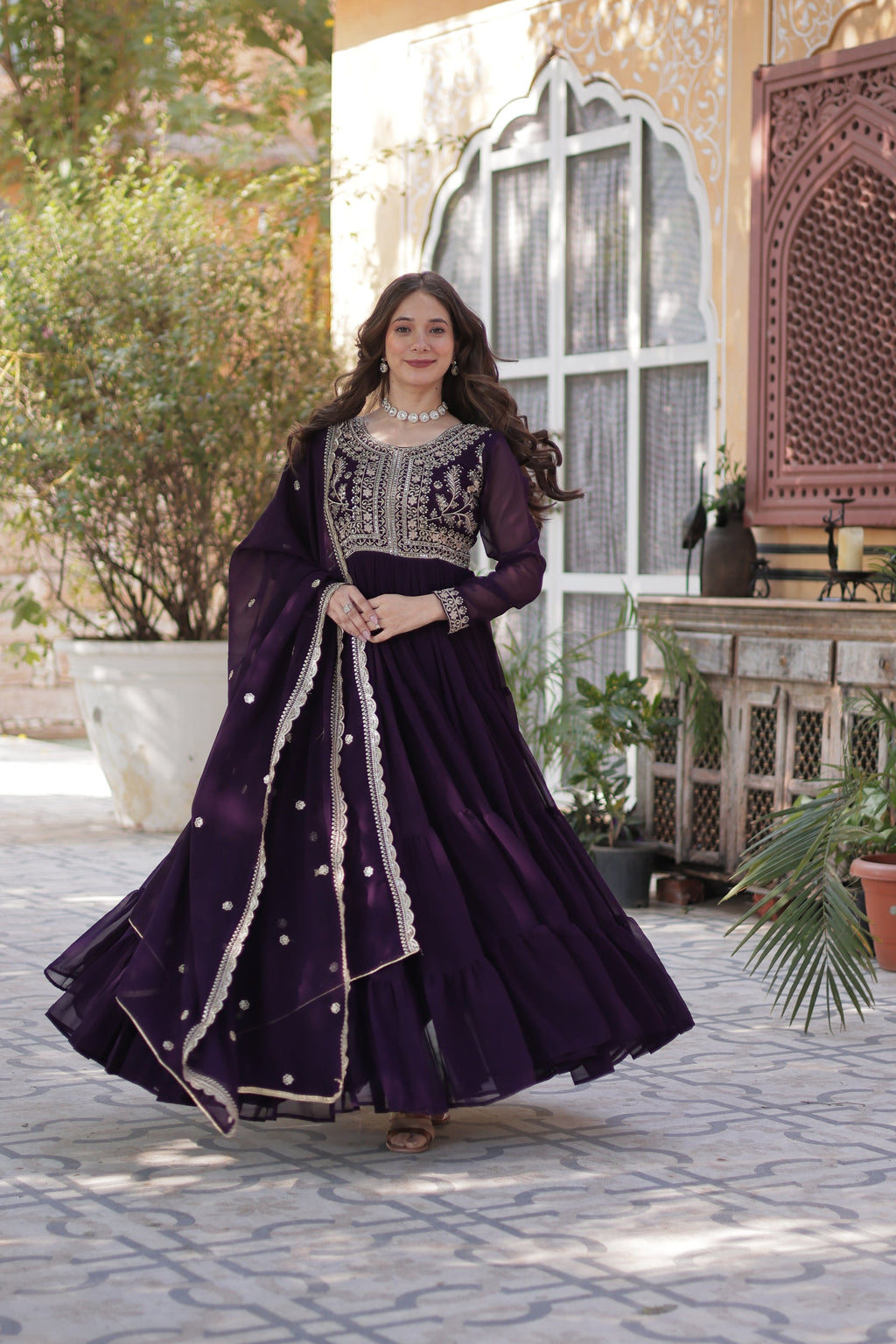 Anika Pearl Embroidered Flair Wine Anarkali Gown Set