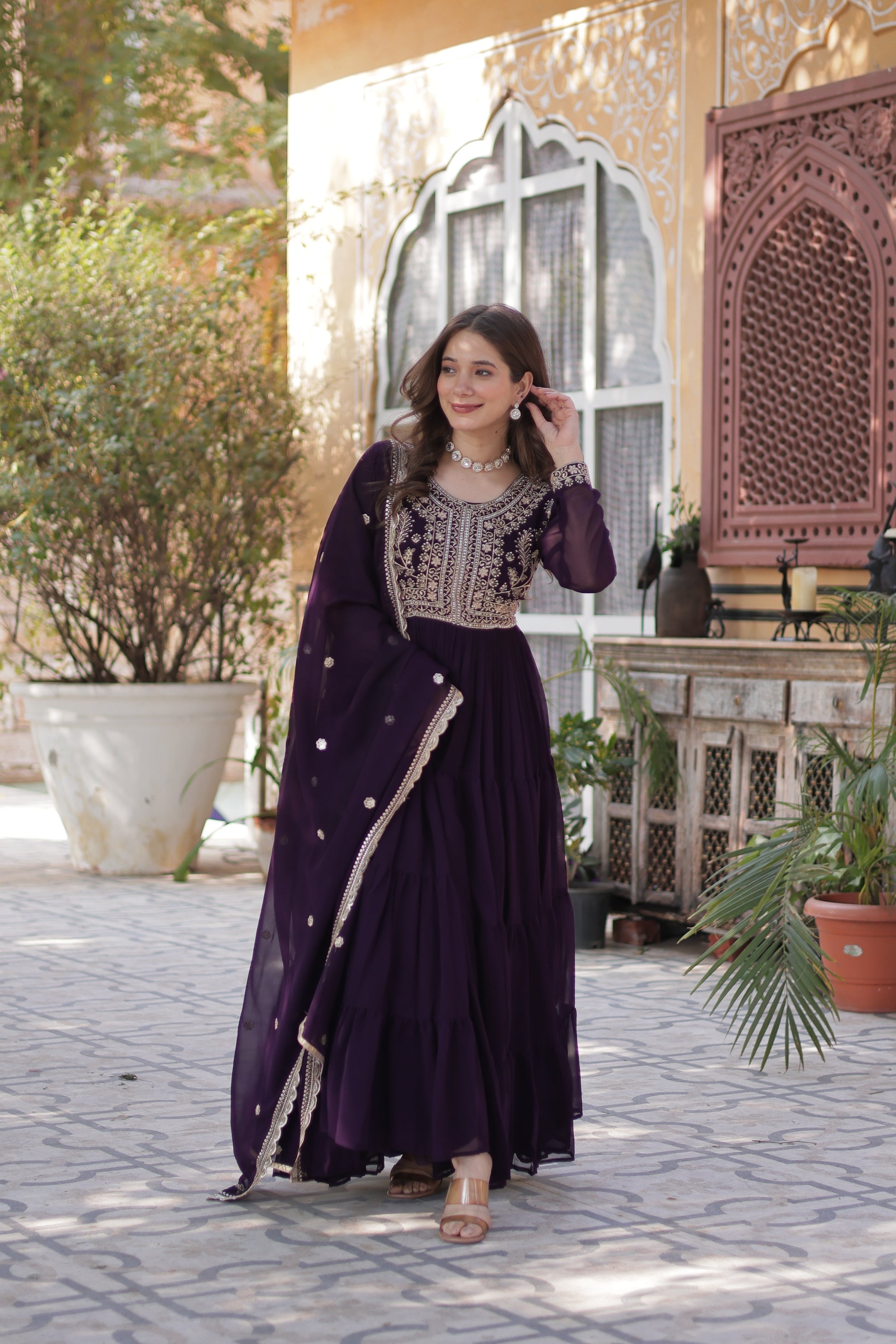 Anika Pearl Embroidered Flair Wine Anarkali Gown Set